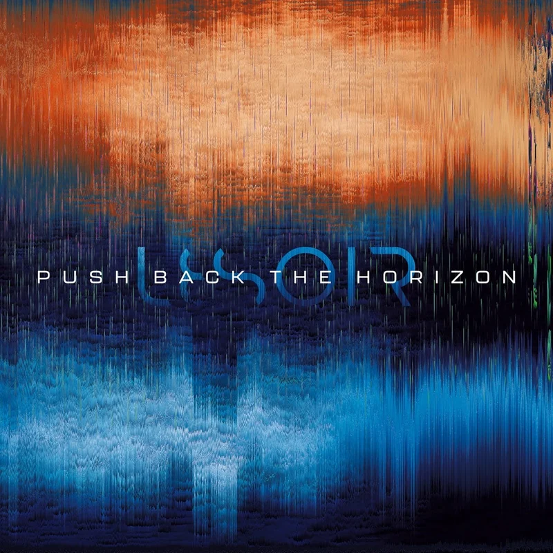 Push Back The Horizon cover: a glitched horizon of burnt orange sky over deep blue water