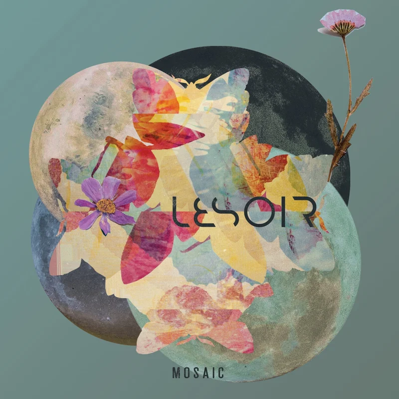 Mosaic cover: overlapping painted moons collaged with butterflies and flowers on a sage background