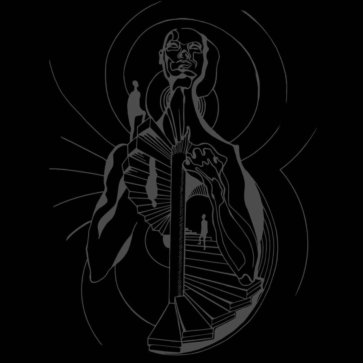 Babel cover: a fine grey line drawing of a figure holding a spiral tower, on black