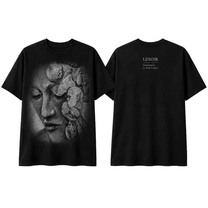 Black Tomorrow Is Now Today t-shirt, front with the album painting, back with the Lesoir wordmark